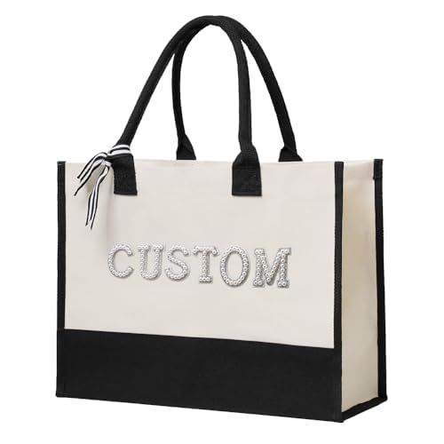 Gorgieousy Bolsa de praia personalizada com inicial de lona personalizada para chá de noiva, festa de despedida de solteira, presente para mulheres, bolsa de praia - pérola