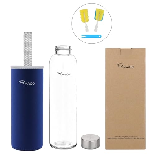 Image of Ryaco Borosilicate Glass Water Bottle 33oz /1L /1000ml BPA-Free Leak Proof Ideal for School Home Office Travel Sport Yoga Gym Hot Cold Drinks with Portable Neoprene Carrying Sleeve and Sponge Brush