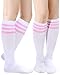 Syhood 2 Pairs Classic Athletic Knee High Socks Triple Stripes over The Calf Cotton Retro Tube Sock(Pink)