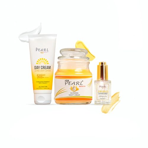 ARM Pearl Beauty Day Cream With SPF 50 Suitabe For All Skin Types, 24K Gold Activating Serum, Glowing Night Cream Combo Offer | Set Of 3