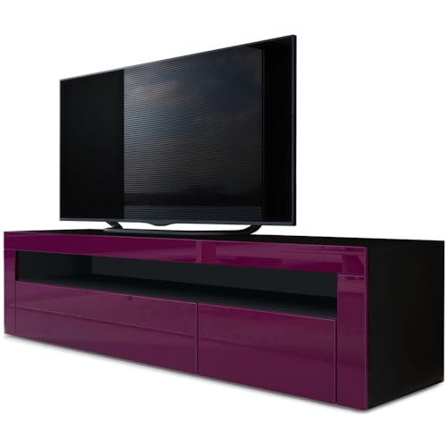 Vladon Buffet Bas Valencia, Meuble TV avec 1 Compartiment Ouvert et 2 clapets, Noir Mat/mûre Haute Brillance/mûre Haute Brillance (155 x 46 x 40 cm)