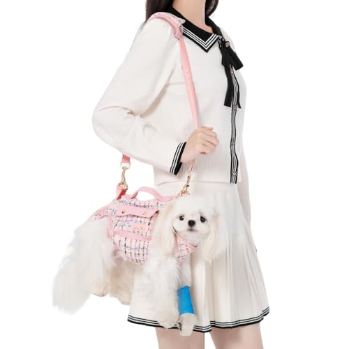 Wakytu 犬用 リフトハーネス キャリア VESハーネス 調整可能なリード付き 小型犬用 おやつポーチ付き ピンク Lサイズ