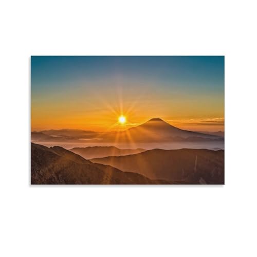 富士山と太陽 自然風景画 ポスター ホーム装飾 パネル 壁アート 現代壁掛け 絵画 版画 芸術作品 インテリア08x12inch(20x30cm)