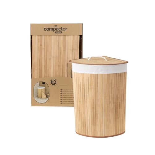COMPACTOR- Panier à linge d’angle pliable en bambou - Couvercle amovible - Tissu intérieur écru - Gain de place - Format compact 35 x 35 x H60 cm - Design...