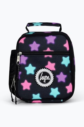 hype Unisex Lunch Box Black with Pink Purple & Blue Glow Stars School Bag for Kids Stylish Lunch Bag with Bottle Holder 3 Storage Compartments Inside Thermal Lining & Grab Handle