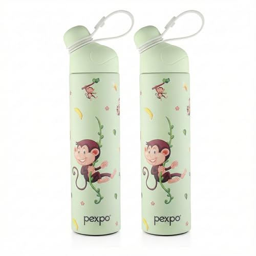 Image of Go24 pexpo Water Bottle for School Kids, ISI Certified Stainless Steel Sipper Bottle for Kids 470ml (Pack of 2) | Hot & Cold Thermos Insulated Water Bottle|6+ Years Kids|Pico 500 - Green - Monkey