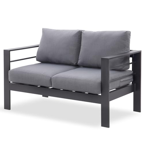 LANOX Gartensofa Gartenmöbel Set 2 Sitzer aus Aluminum,128×65×66 cm, inkl. Sitz- und Rückenkissen, Wetterfest Gartensofa für Balkon Terrasse Garten, Grau
