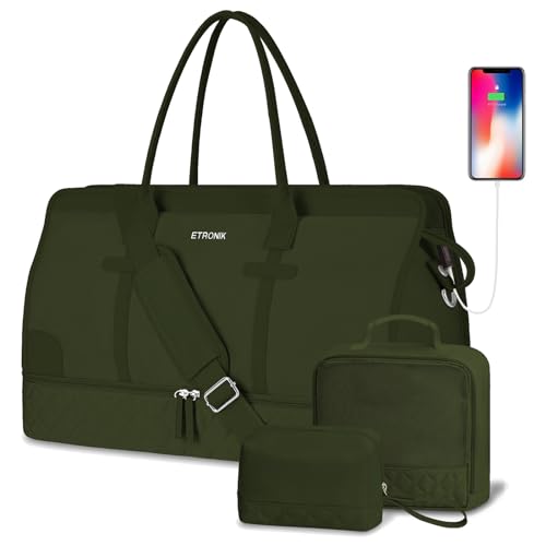Image of ETRONIK Weekender Overnight Bag for Women, Large Travel Duffle Bag with Shoe Compartment & Wet Pocket, Carry On Tote Bag Gym Duffel Bag with Toiletry Bag, Bag for Hospital 4 Pcs Set, Dark Green