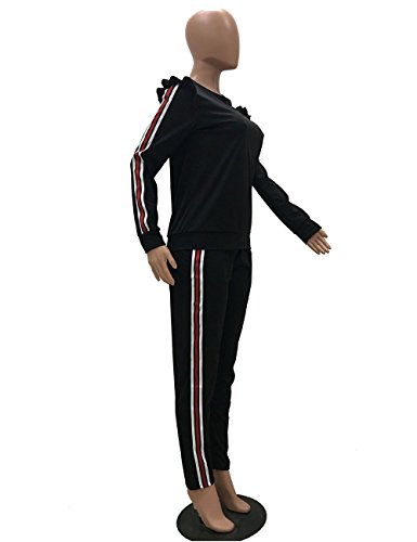 Akmipoem Women Tracksuit Reffle Sleeve Crew Neck Sweatshirt And Pockets Sweat Pants Sweatsuits Set Black M #TOP3