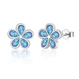 Sterling Silver Stud Earrings for Women Grils, Silver Blue Opal Flower Stud Earrings Hypoallergenic Jewelry Gifts for Birthday Wedding, 10mm