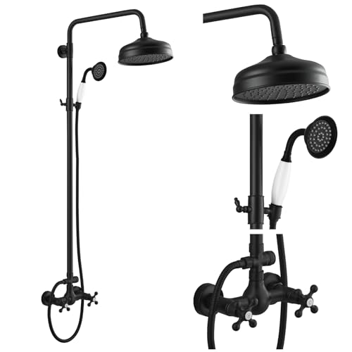 gotonovo Luxury Exposed Shower Faucet Set Bathroom Shower System 8 Inch Wall Mount Rainfall Shower Head with Handheld Spray Cross Double Handle Shower Fixture Adjustable Straight Rod Matte Black