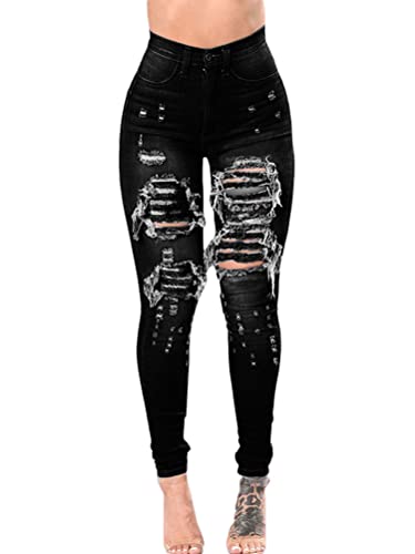 Onsoyours Ladies Skinny Stretch Jeans Destroyed with Holes Jeans High Waist Boyfriend Trousers Slim Fit Skinny Jeans Casual Basic Rips Holes Ankle Jeans Trousers A Negro S