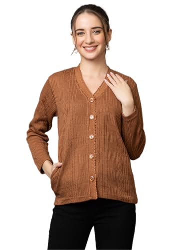 Image of Wear lusso Women's Woolen V-Neck Buttoned Full Sleeve Cardigan Self Design Soft Wool Fabric Winter Wear Pure Wool Sweater with Pockets Stylish Outdoor and Office Wear Girls