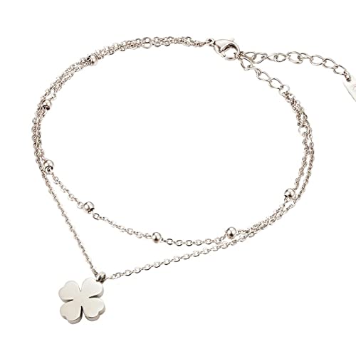ALISSACute Statement Four Leaf Clover Flower Pendant Double Chain Beads Bracelet for Women Girl Fashion Jewelry Accessories (Silver)