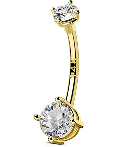 OUFER Gold Belly Button Rings, 14K Solid Gold Belly Rings, Shiny Clear CZ Belly Piercing Jewelry, Navel Rings, Long Navel Belly Rings for Women Men