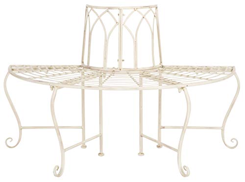 SAFAVIEH Outdoor Furniture Collection – Abia Antique White Distressed Wrought Iron 50-Inch Curved Tree Bench, Garden & Patio Seating (PAT5018A)
