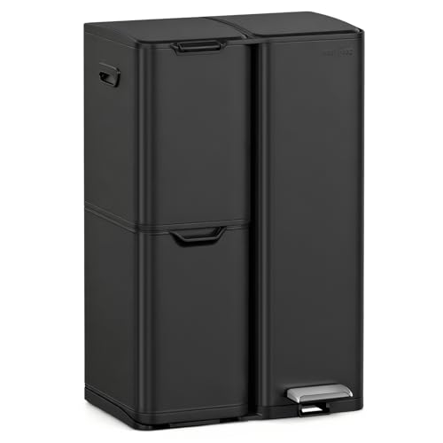 mVm Kitchen Bin 60L Triple Rubbish Bin 3 Compartment Stainless Steel Pedal Bin Recycling Bin with Soft-Close Lids and Plastic Inner Buckets Fingerprint Proof Odour Seal Large Capacity Trash Can