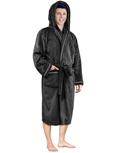 Mens Hooded Fleece Robe with Satin Trim and Shawl Collar | Plush