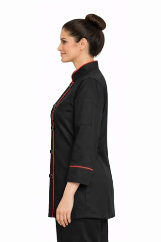 Image of Women Chef Coat for Hotel Restaurant & Kitchen Staff | White Chef Uniform with Black Piping | Professional Chef Jacket for Women