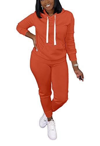 Women's 2 Piece Outfits Cute Sports Sweatsuits Long Sleeve Pullover Hoodies + Long Pants Tracksuit Lounge Jogger Sets (R6346-Orange,L)