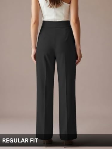 Image of GRECIILOOKS Korean Style Trousers | High Waist Wide Leg Formal Pants | Ankle Length Stretchable Office Wear | Button Closure Straight Fit | Regular Fit Pants for Women
