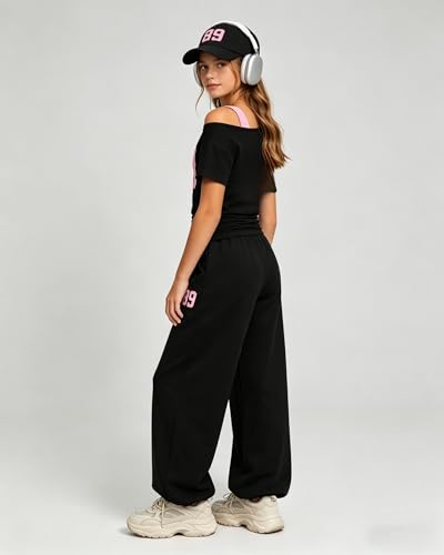 Image of Teen Girls Clothes Off the Shoulder Top and Wide Leg Pants Matching Outfit Set with Pockets Size 7-16