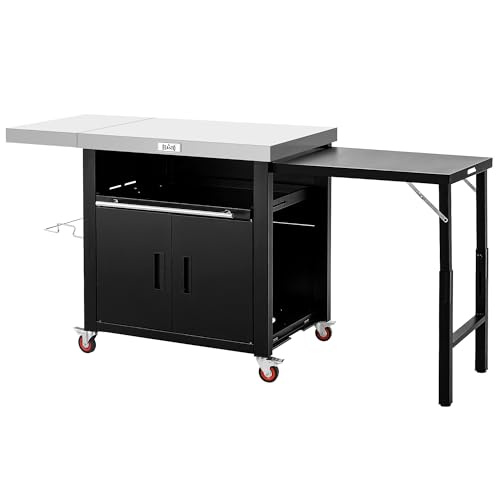 Outdoor Kitchen Island with Cabinet, Outdoor Grill Table with Stainless Steel Top for Pizza Oven& Griddles, Movable Bar Cart with Pull-Out Plate for Parties& Gathering, Heavy-Duty, L74”x W24”