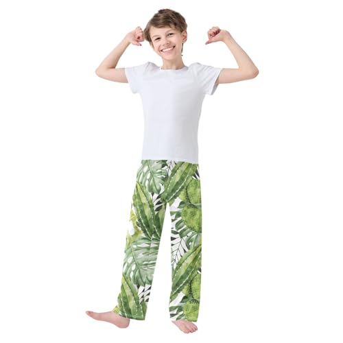 ZZXXB Cactus Palm Leaves Boys Long Pants Soft Trousers Elastic Waist Kids Lounge Bottoms with Pockets S-XL2