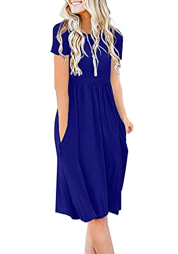 Image of DB MOON Women Summer Casual Short Sleeve Dresses Empire Waist Dress with Pockets