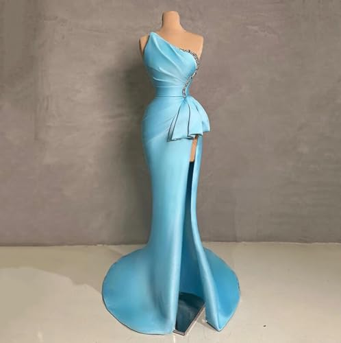 Strapless Evening Gowns 2024 Beaded Satin Ruched Mermaid High Slit Long Prom Dresses for Women2