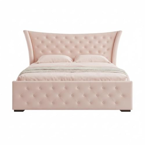 Image of Luxury Queen Size Upholstered Storage Bed with Diamond Tufted Padded Headboard | Premium Velvet Fabric Platform Bed Frame | Solid Wood Structure | Modern Bedroom Furniture | Pink
