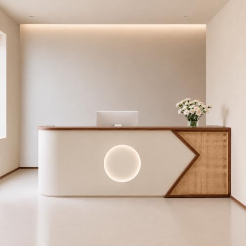 Image of Luxury Modern Reception Desk with Cane Pattern Accent, Curved Design and Storage for Office Lobby, Salon, Hotel - (RCT-198 MDFL L8W2)