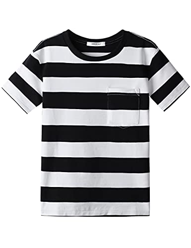 DILBYKE Boys Girl Short Sleeve Striped Crew Neckline T-Shirts Kid Tee, Cotton, 2-14Years, Loose Fitting