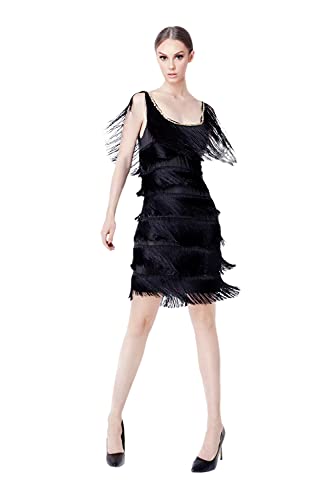 Vestido de Fiesta para Mujer de 20s con Flecos, Vestido de Baile sin Mangos para Noche (ZP101-Negro, S/M)