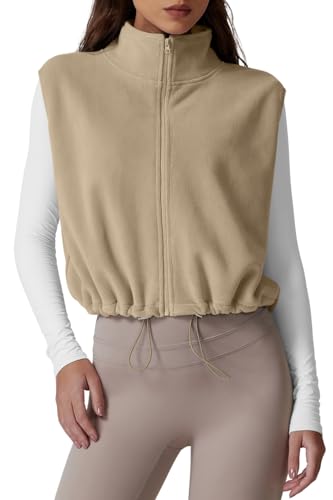 QINSEN Women's Full Zip Fleece Short Jacket Vest Warm Winter Sleeveless Stand Collar Sherpa Crop Coat