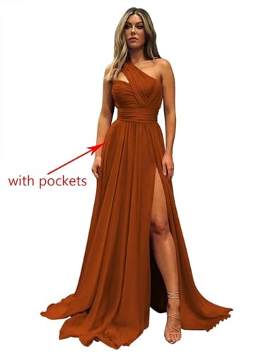 One Shoulder Chiffon Bridesmaid Dress Long Slit Wedding Guest Dress with Pockets ZD183