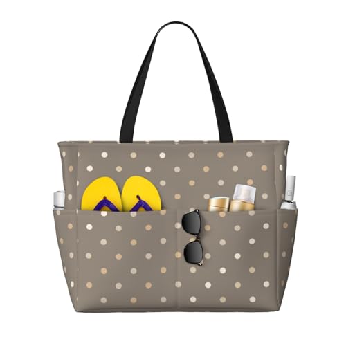 Large Beach Bags for Women Sandproof - Taupe Polka Dot Print D Summer Travel Work Tote Bags with Zipper