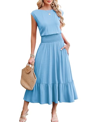 Image of Kikibell Womens Summer Dresses Cap Sleeve Elastic Waist Midi Dress with Pocket Long Causal Sundress Beach Vacation Outfits