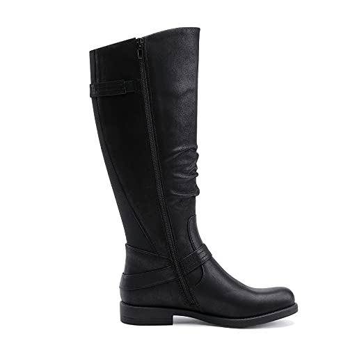 EETTARO Women's Mid Calf Boots Elastic Low Heel Knee High Boot Fashion Side Zip Buckles Winter Boots3