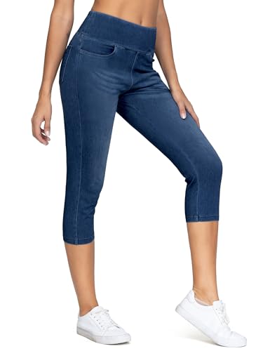 THE GYM PEOPLE Women's High Waisted Stretchy Capri Jeggings Pants Tummy Control Pull on Skinny Jean Leggings with Pockets
