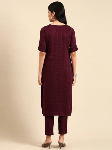 Image of SHOWOFFFF Women Woven Design Two-Piece Straight Ethnic Kurta Set | Scoop Neck 3 /4th Sleeves Silk Kurta Set for Womens | Mid-Rise Regular Fit Calf Length Kurta Set for Women's