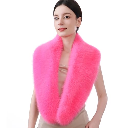 Dikoaina Womens Faux Fur Collar for Winter Coat Soft Winter Neck Warmer Collar Elegant Scarf Wrap (Rose Red 100cm)