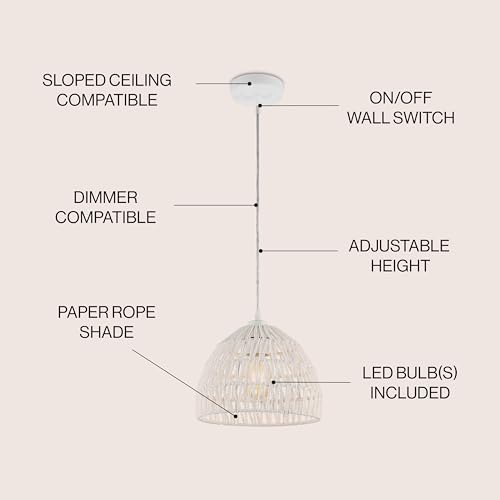 Image of JONATHAN Y 10.25 inch White Modern Bohemian Woven Rope LED Pendant Light Fixture, Adjustable Dome Ceiling Lamp for Kitchen Island, Rope Shade, Coastal Farmhouse Decor (JYL6513A)