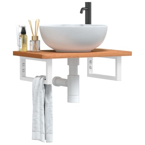 GeenYuu Estantería para lavabo, montaje en pared, acero y madera maciza de haya, 60 x 40 cm, estructura de acero blanco con soportes rectangulares, ahorra espacio