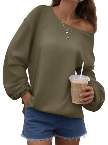 Bellcoco Womens Off the Shoulder Sweatshirt Long Sleeve Pullover Tops Oversized Sweatshirts Trendy Fall Outfits Army Green S