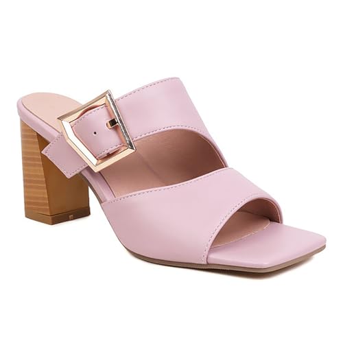 Women's Leather Buckle Decor Stacked Chunky Heel Dress Slide Sandals Fashion Hollow Out Square Open Toe Slip-On Block Heel Summer Party Mule Sandals for Dating Wedding