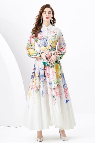 LAI MENG FIVE CATS Women's Floral Print Puff Sleeve Button Up Split Party Flowy Maxi Dress3