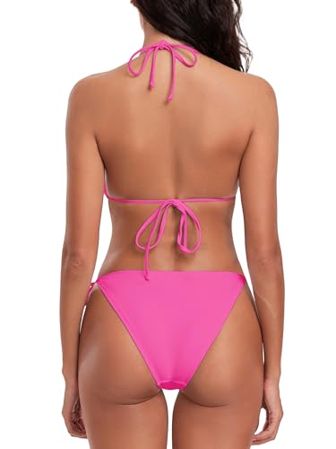 Colloyes Women's Triangle Bikini Sets Bead Halter String Two Piece Swimsuit Tie Side Bathing Suits Neon Rose Size Large - Image 5