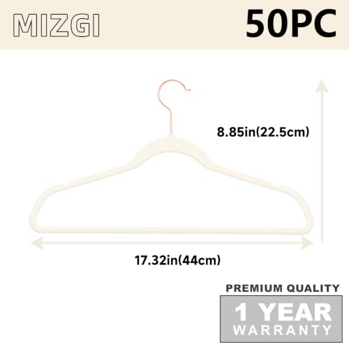 Image of MIZGI Ivory Velvet Hangers 50 Pack Non Slip Heavy Duty Rose Gold Hooks