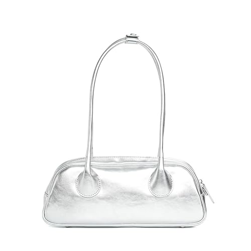 Shoulder Bag for Women, Leather Fashion Ladies Tote Handbag, Shoulder Purse with Zipper (Silver)